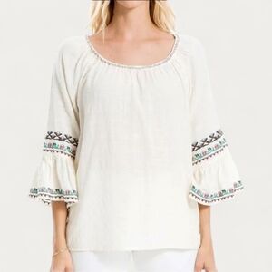 🔥MAX STUDIO Cream Embroidered Ruffle Bell Sleeve Gauzy Boho Blouse‎ Women's  M